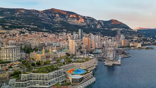 Montecarlo. Aerial view of Monaco skyline at sunset