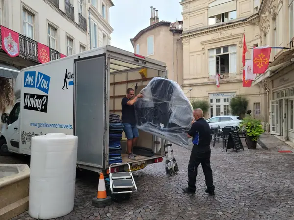 Gentlevan Removals lorry loading on a European street during a UK to Europe household move