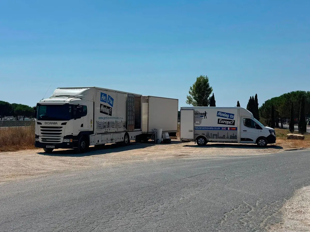 Gentlevan lorry and transhipment van parked together at Beziers in southern France during a delivery run