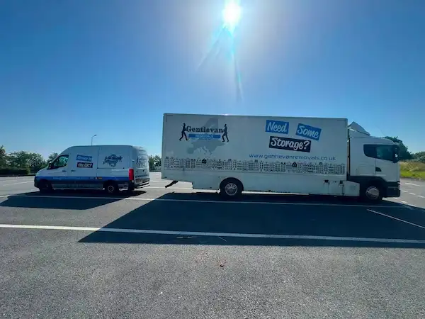 Gentlevan Removals lorry and transhipment van parked on a UK to Portugal removal run